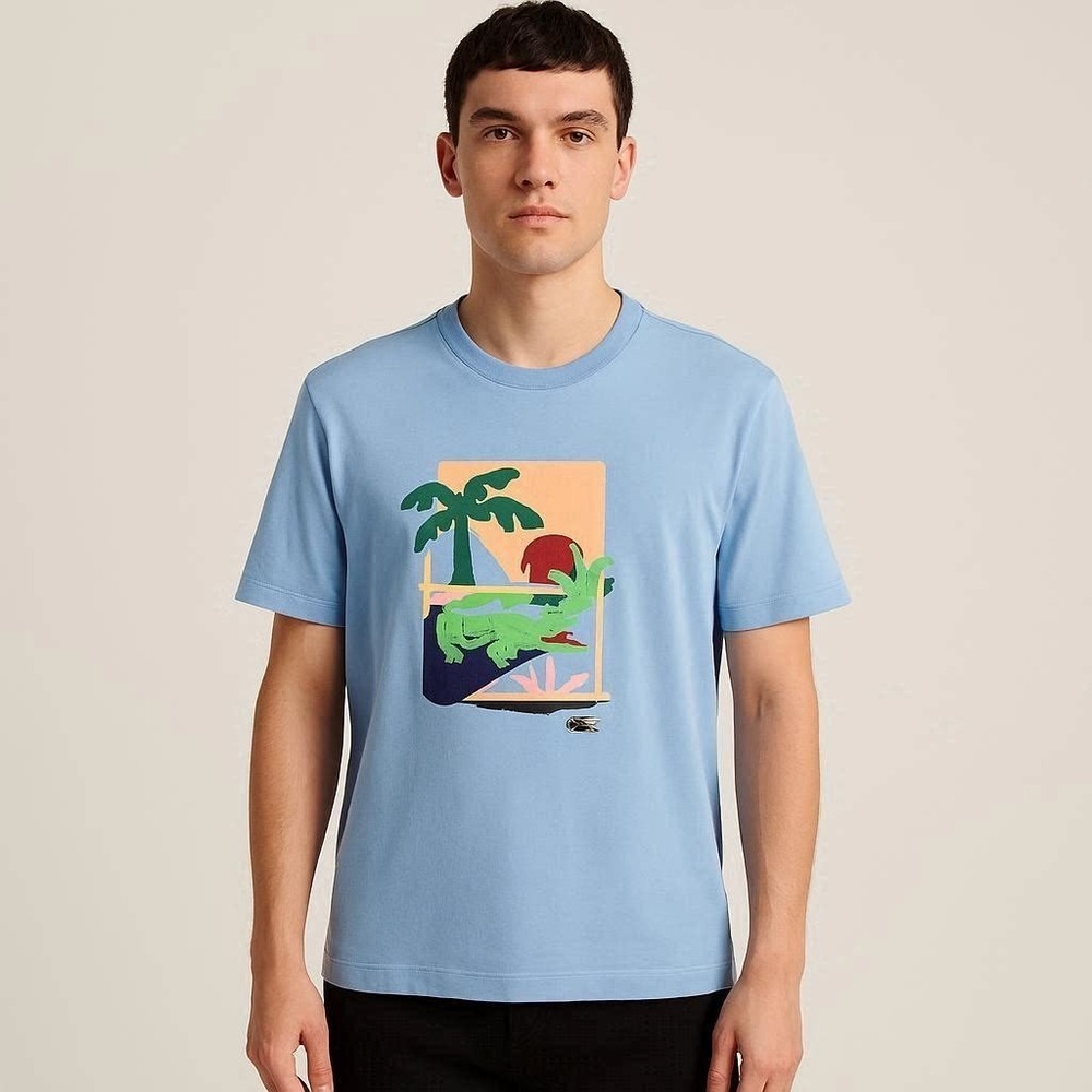 Lacoste Mens T Shirt Big Croc  Blue Graphic XL (Fits Like M / L) 21.5 Pit To Pit